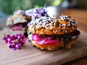 Beetroot cured salmon bagel